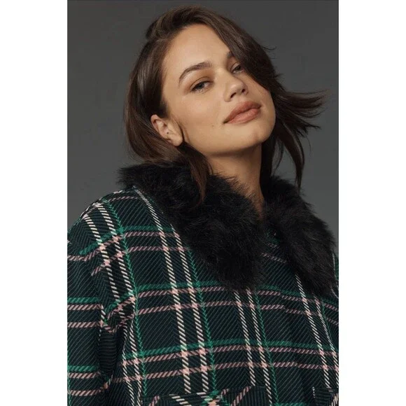 Anthropologie Maeve Collar Coat Women Green Plaid Crop Faux Fur Retro Large NWT